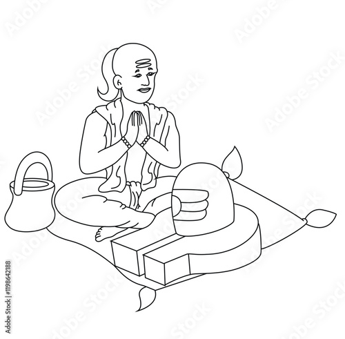 Cute cartoon hand drawn vector Indian priest doing worship shivling coloring page.