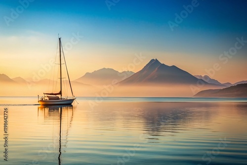 Minimalist Bay Landscape: Lone Ship at Anchor with Majestic Mountain