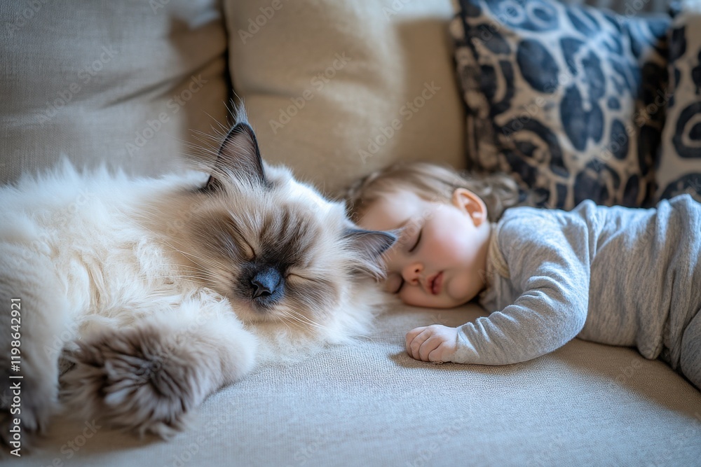 Highresolution DSLR photo of serene cat and toddler snoozing on cozy sofa in welllit living room Highresolution DSLR photo of serene cat and toddler snoozing on cozy sofa in welllit living room