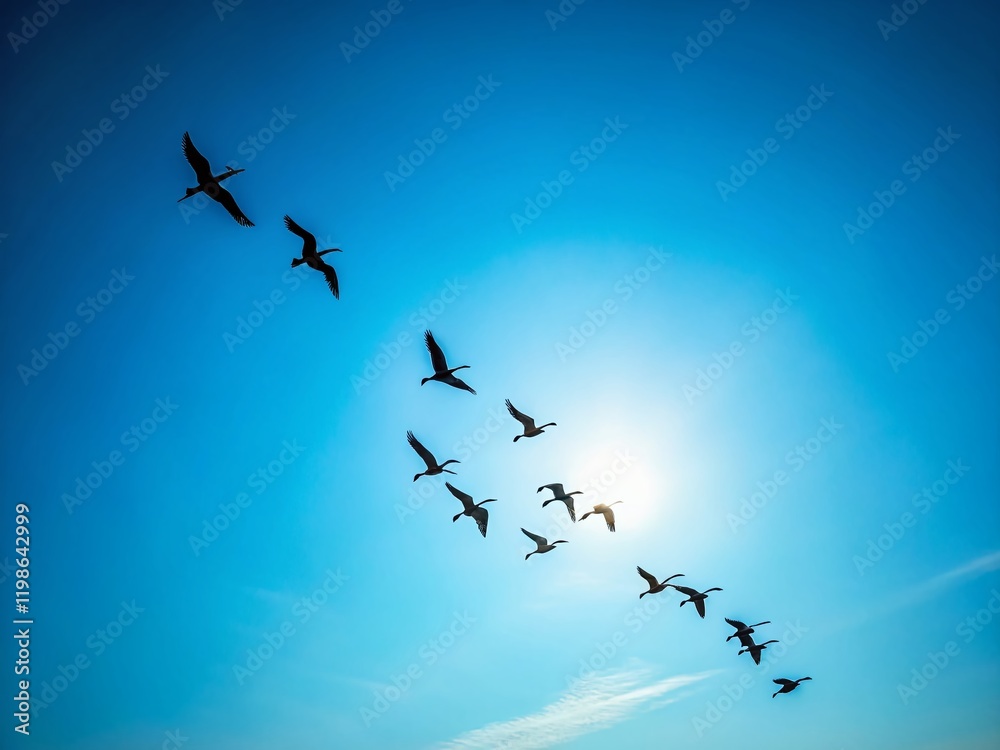 Fototapeta premium Minimalist Birds in Flight: Blue Sky, Simple Avian Silhouette