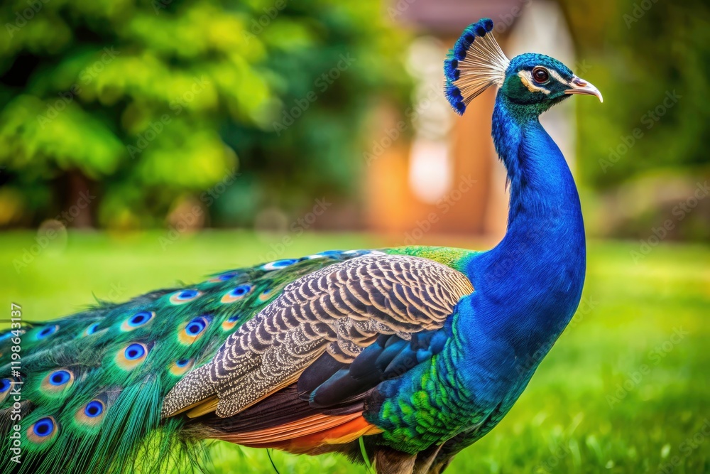 Obraz premium Macro Photography: Majestic Blue Peacock on Lush Green Lawn - Stunning Bird Close Up