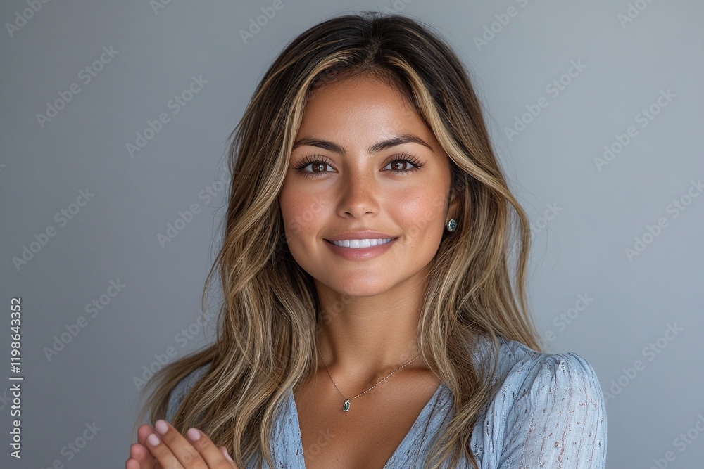 A smiling woman with long hair poses against a neutral background, exuding warmth and confidence. A smiling woman with long hair poses against a neutral background, exuding warmth and confidence.
