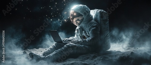 Futuristic astronaut working on a laptop while seated on the moon