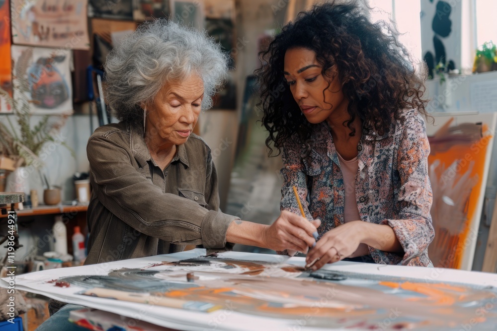 Fototapeta premium Biracial women upcycle table at home with different hair types.