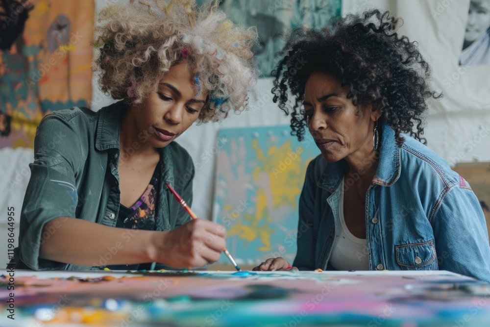 Fototapeta premium Biracial women upcycle table at home with different hair types.
