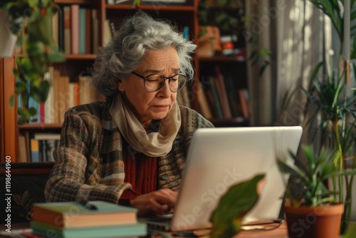 Mature Brazilian woman studying online at home office desk. photo