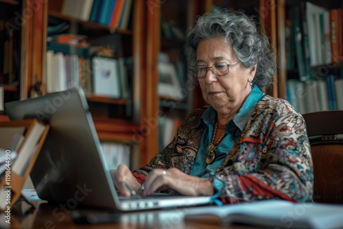 Mature Brazilian woman studying online at home office desk. photo