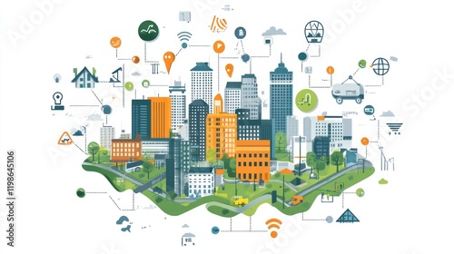 Smart city, network, technology,  connected, urban,  innovation, future, illustration, cityscape,  growth
