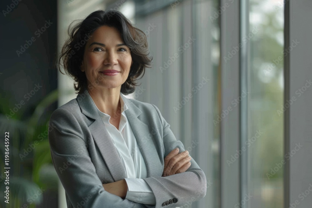Happy Latin mid aged businesswoman leader standing by office window. Happy Latin mid aged businesswoman leader standing by office window.