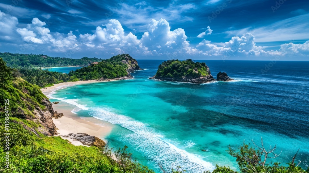 Obraz premium 108.A panoramic view of an isolated tropical island, its shores lined with powdery white sand, surrounded by clear, vibrant blue ocean waters and framed by distant waves.