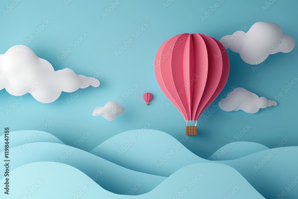 Obraz premium A vibrant hot air balloon floats gracefully over soft blue hills under a clear sky adorned with fluffy clouds, creating a whimsical atmosphere perfect for dreamers and adventurers alike