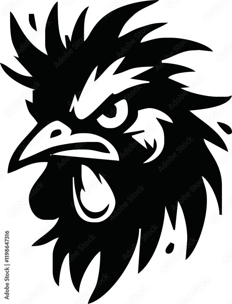Fototapeta premium Rooster, cockerel or cock head vector icons. Farm bird faces with silhouettes of beak, combs, wattles and feathers. Angry rooster isolated mascot of poultry farm, butcher shop, sport team