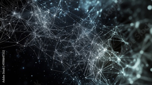 Abstract Network of Interconnected White Lines and Points on a Black Background