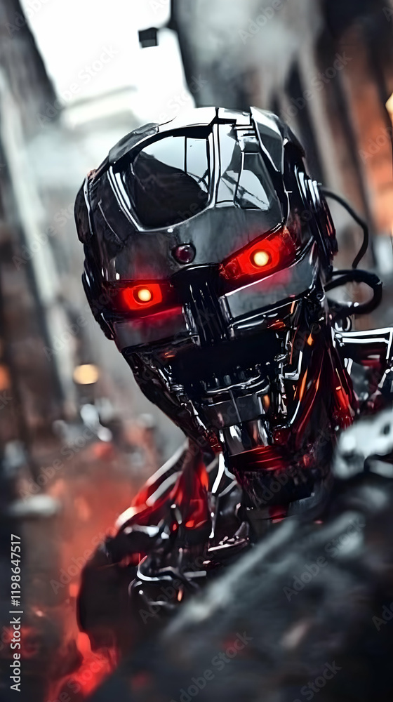 Fototapeta premium Metallic Robot with Glowing Red Eyes Stands Menacingly in a Desolate Urban Setting with Dramatic Lighting