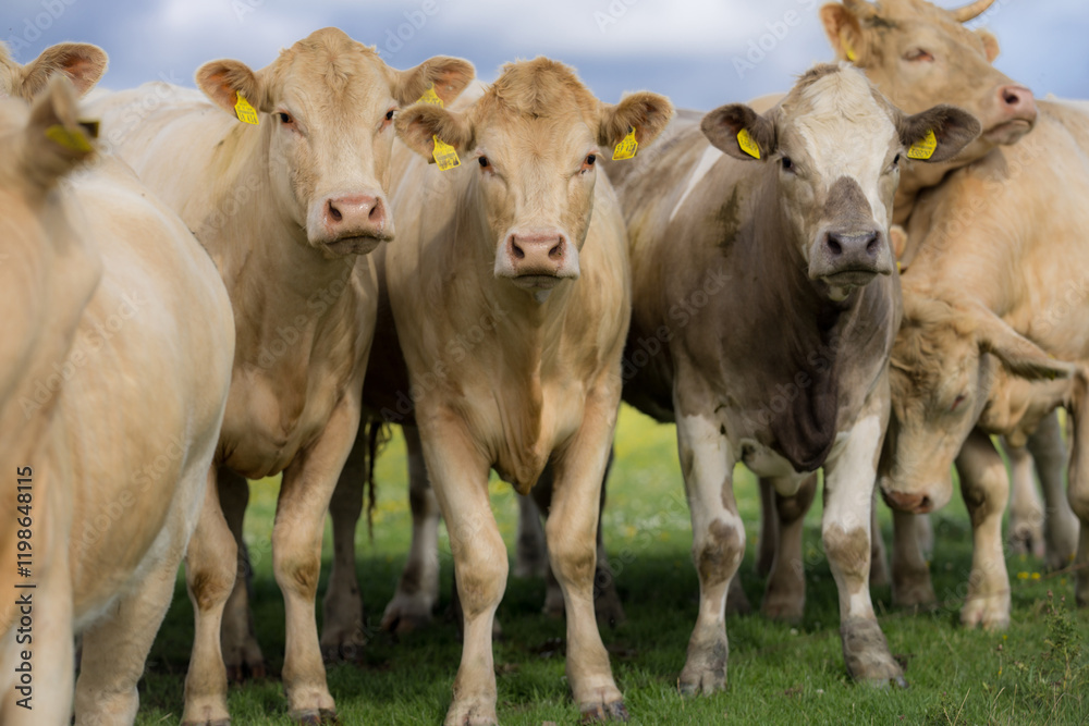 Cattle in grass field. Cow grazing on nature landscape. Cattle in grass field. Cow grazing on nature landscape.