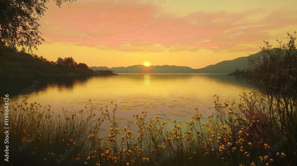 Fototapeta premium 93.A serene lakeside view at sunset, where the golden light of the setting sun merges with the calm water, framed by gentle hills and a pastel-colored sky.