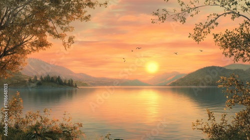 93.A serene lakeside view at sunset, where the golden light of the setting sun merges with the calm water, framed by gentle hills and a pastel-colored sky.