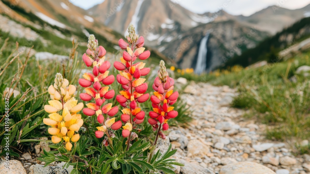 Fototapeta premium Vibrant wildflowers in shades of yellow and pink along a rocky path with a waterfall and mountains in the background.