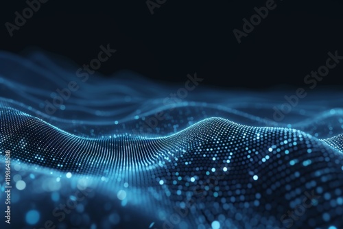 Futuristic abstract digital landscape featuring flowing waves of glowing particles and intricate connections against a dark backdrop representing technology and innovation