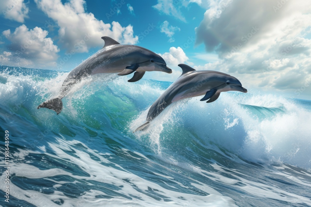 Naklejka premium Playful dolphins jump gracefully over the crest of breaking waves under a bright blue sky with fluffy clouds during a sunny afternoon near the ocean