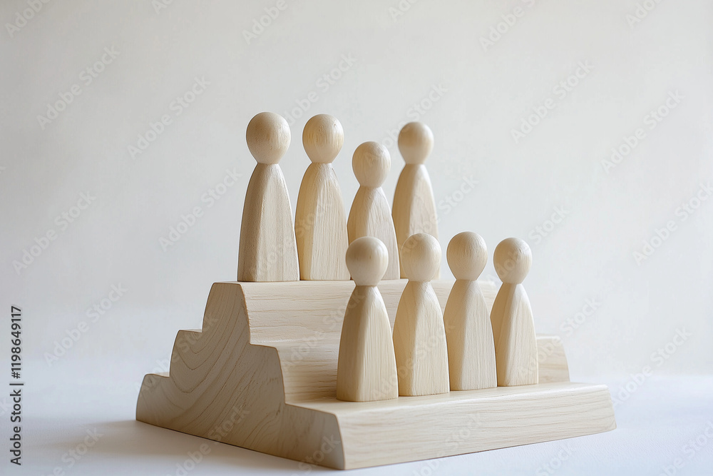 Wooden figurines arranged on tiered wooden blocks in a minimalist setting. Wooden figurines arranged on tiered wooden blocks in a minimalist setting.