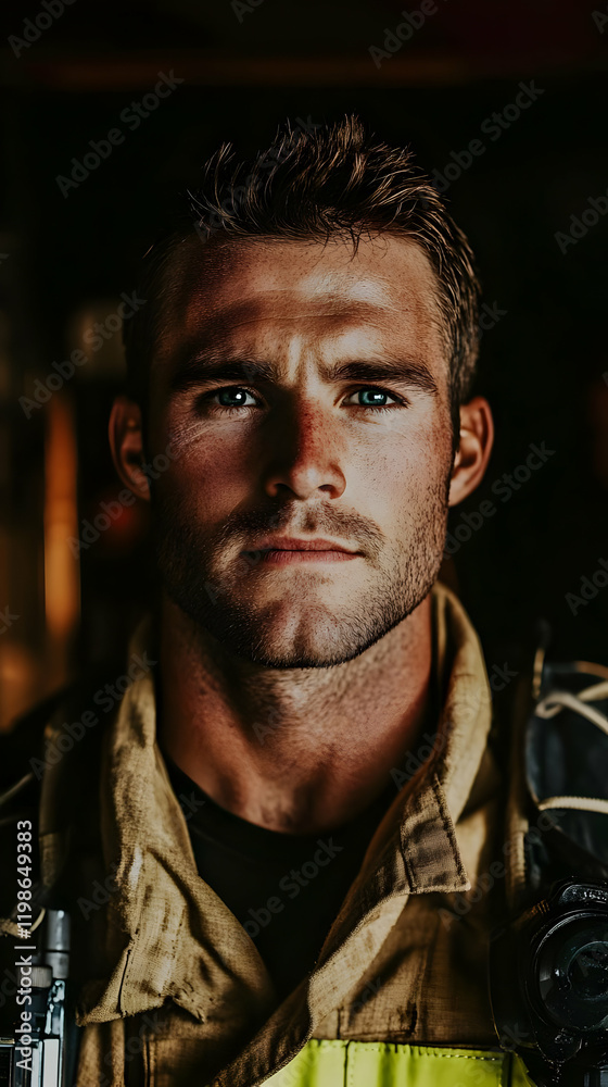 Firefighter Stares Intensely into Camera, Conveying Duty and Resilience amidst Dark Background. Firefighter Stares Intensely into Camera, Conveying Duty and Resilience amidst Dark Background.