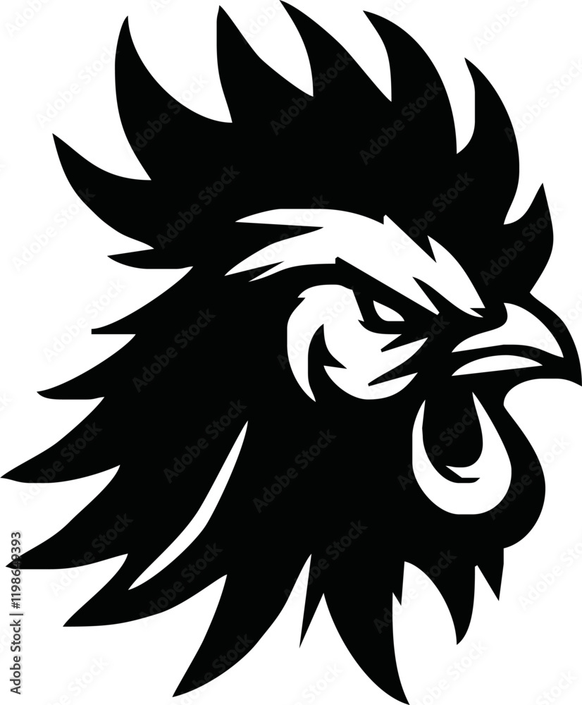 Obraz premium Rooster, cockerel or cock head vector icons. Farm bird faces with silhouettes of beak, combs, wattles and feathers. Angry rooster isolated mascot of poultry farm, butcher shop, sport team