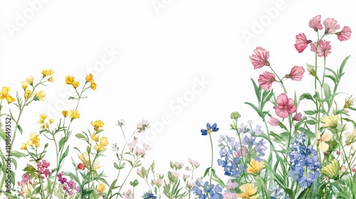 Fototapeta Naklejka Na Ścianę i Meble -  3.A vibrant corner arrangement of wildflowers including light celery blooms and Capsella with heart-shaped seed pods, painted in soft watercolors against a white background.