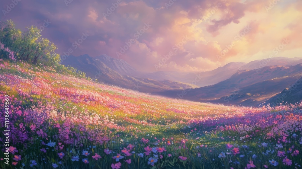 Obraz premium 86.A vibrant meadow scene with the first spring flowers in full bloom, scattered across rolling hills under a dramatic sky, with soft light creating a nostalgic, dreamy atmosphere.
