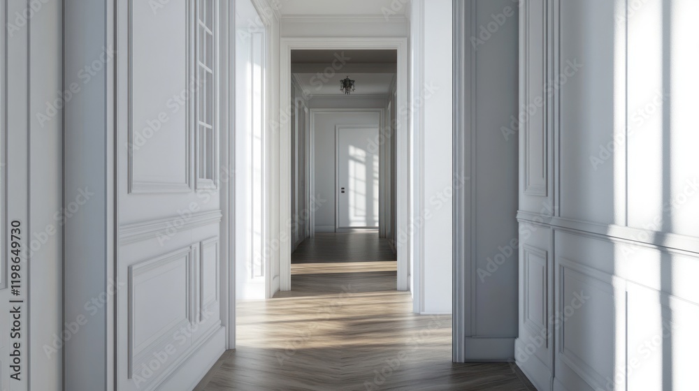 Fototapeta premium Sunlit Elegance: A Serene Hallway in Classic Design
