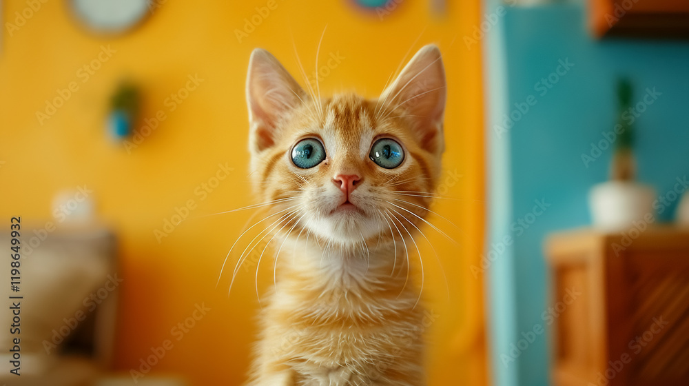curious orange cat with big blue eyes gazes intently at viewer, surrounded by vibrant background curious orange cat with big blue eyes gazes intently at viewer, surrounded by vibrant background