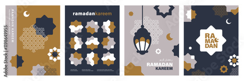 Set of Ramadan Kareem banner, poster, greeting card, cover design with mosque, crescent moon, lantern and typography in flat geometric style. photo