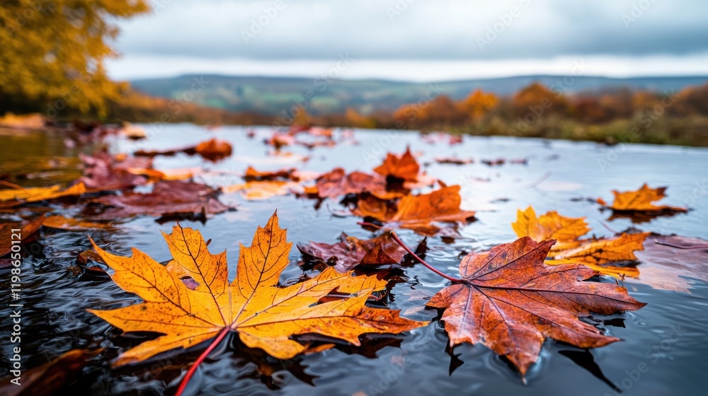 Colorful autumn leaves float on a tranquil river, reflecting the serene landscape under a cloudy sky. Colorful autumn leaves float on a tranquil river, reflecting the serene landscape under a cloudy sky.