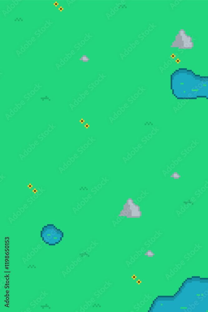 Obraz premium Green Grass with flowers and Ponds, Top-down view Pixel Art Background