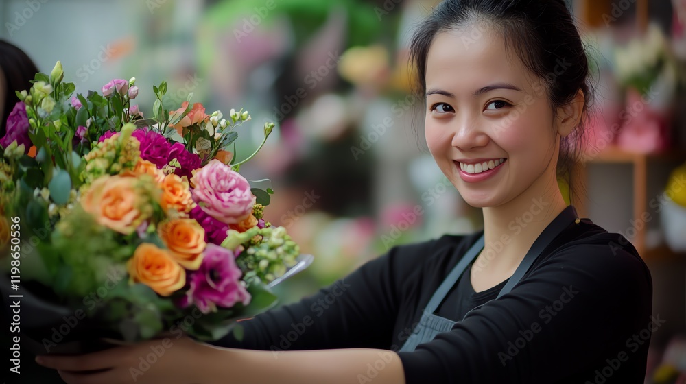 Smiling florist holds vibrant flower bouquet. Smiling florist holds vibrant flower bouquet.