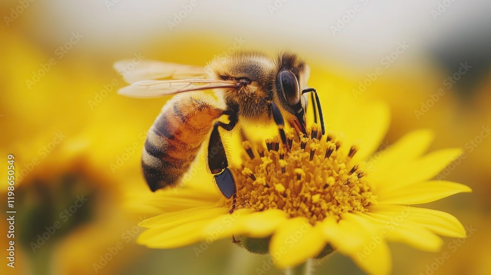 A bee pollinating bright yellow flowers in a blooming sunflower field under sunlight A bee pollinating bright yellow flowers in a blooming sunflower field under sunlight