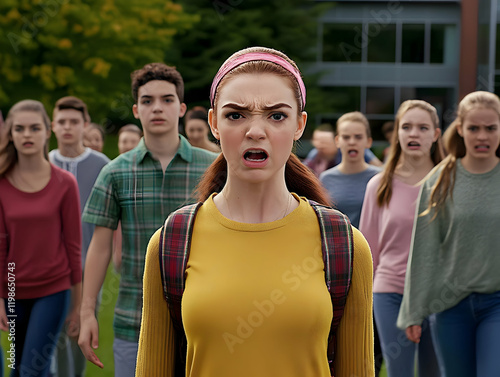 Angry Teen Girl Leads a Crowd of Students in School Protest Aggressively Outside