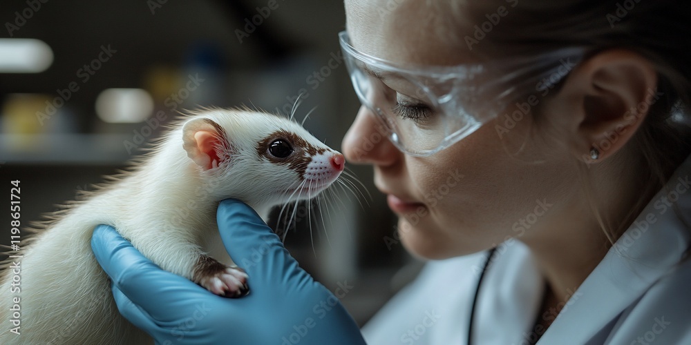 Scientist examines ferret; lab background. Animal research Scientist examines ferret; lab background. Animal research