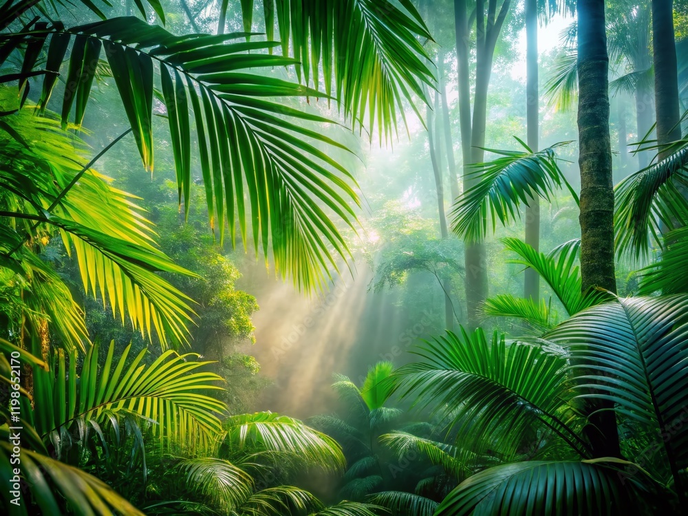 Fototapeta premium Misty Forest Palm Trees: Lush Tropical Background Stock Photo