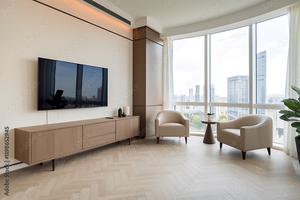 Bright Modern Living Room with Large Window and Neutral Tones Bright Modern Living Room with Large Window and Neutral Tones