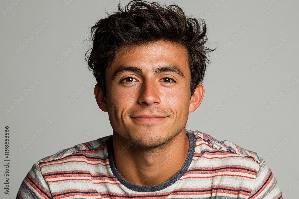 A young man with a friendly smile wearing a striped shirt against a neutral background. A young man with a friendly smile wearing a striped shirt against a neutral background.