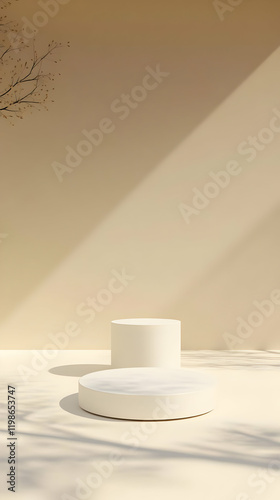 3D Podiums Display Product Presentation with Beige Background and Tree Shadows Beautifully