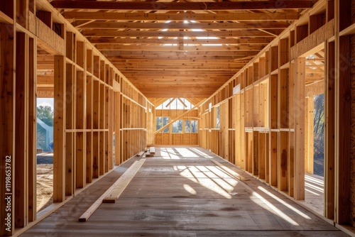 Construction of a wooden frame house in a new neighborhood during daylight, showcasing the interior structure with sunlight streaming through the beams, emphasizing the building's progress
