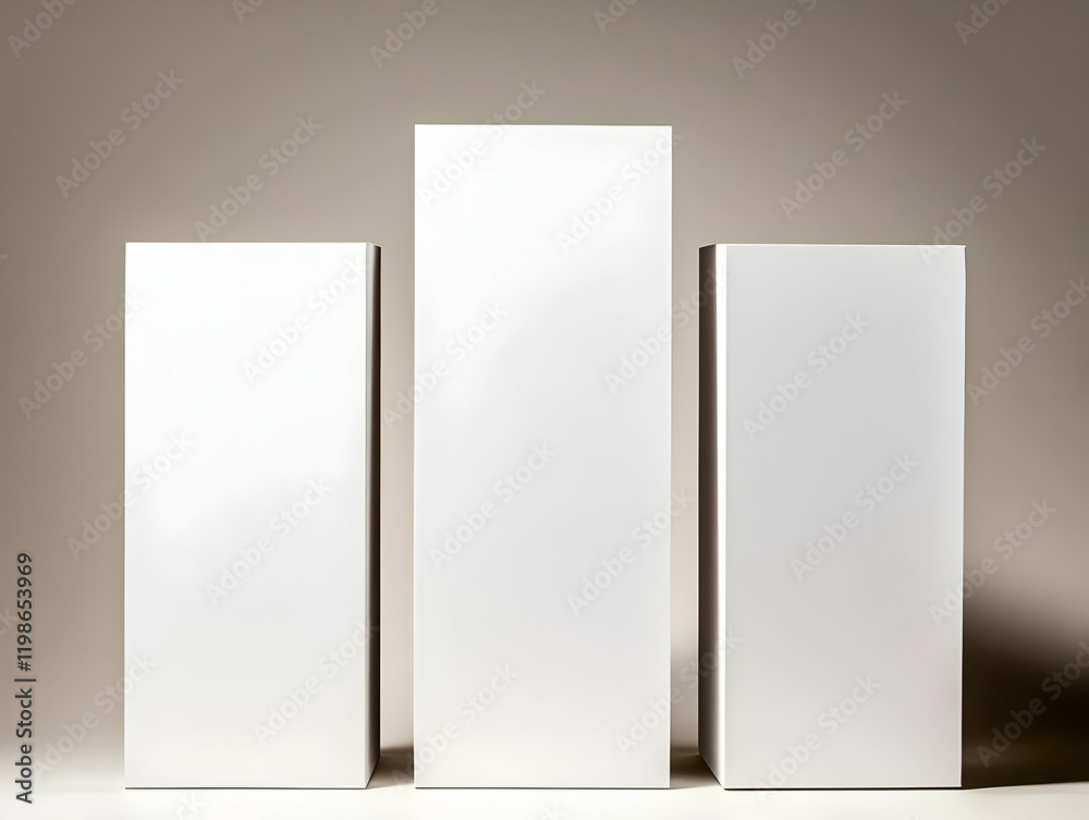 Three White Rectangular Boxes Stand on a White Surface Against a Tan Background Three White Rectangular Boxes Stand on a White Surface Against a Tan Background