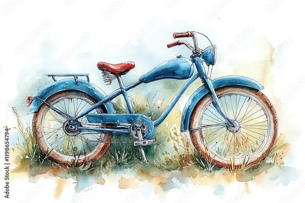custom made wallpaper toronto digitalA vintage blue bicycle resting in a grassy area, depicted in a watercolor style.