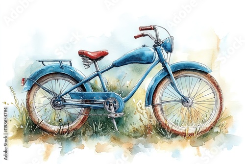 A vintage blue bicycle resting in a grassy area, depicted in a watercolor style.