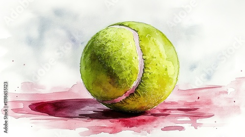 A watercolor illustration of a tennis ball on a surface, emphasizing texture and color.