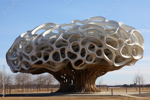 Unique synthetic meshlike structure resembling a brain located in an open park during daylight, showcasing an innovative architectural design that emphasizes organic forms and creativity photo