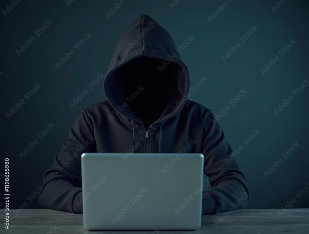 A hacker with hidden face in a hoodie using a laptop A hacker with hidden face in a hoodie using a laptop