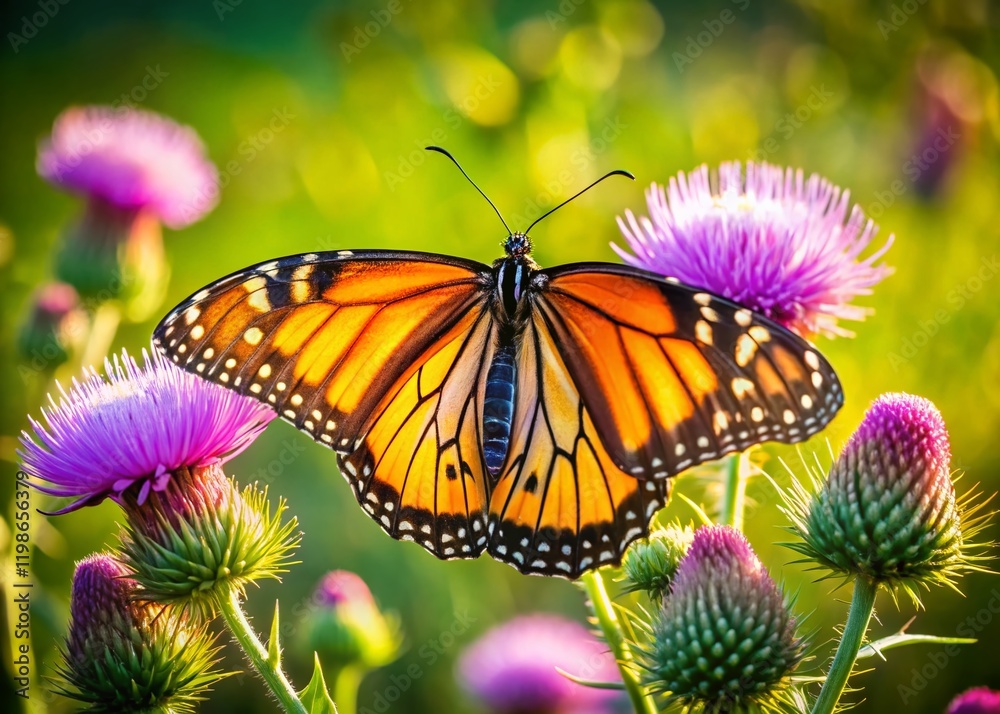 Obraz premium Monarch Butterfly on Texas Purple Thistle Flower - Springtime Nectar